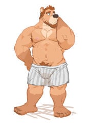 armpit_hair bara bear blue_eyes brown_beard brown_hair derek_honnington_(saltypoundcake) feet furry male nipples pubes simple_background solo spookeedoo tan_body tan_fur underwear white_background