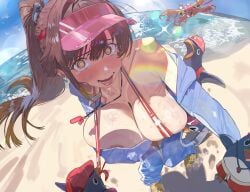 1girl absurdres animal_costume bare_shoulders beach blush breasts brown_hair cleavage day goddess_of_victory:_nikke highres hintobento large_breasts long_hair long_sleeves looking_at_viewer marciana_(marine_study)_(nikke) marciana_(nikke) ocean off_shoulder open_mouth open_onesie outdoors penguin_costume penguin_hair_ornament penguin_ornament penguin_squad_(nikke) ponytail red_slingshot_swimsuit red_visor_cap sand slingshot_swimsuit swimsuit visor_cap