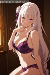 ai_generated bra elf elf_ears emilia_(re:zero) panties perfect_body purple_eyes re:zero re:zero_kara_hajimeru_isekai_seikatsu velvetart white_hair