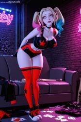 1girl ai_generated arms_behind_back bare_shoulders blonde_hair blue_eyes breasts choker cleavage dc_comics eyeshadow gradient_hair harley_quinn hi_res high_quality high_resolution large_breasts leaning_forward lipstick looking_at_viewer makeup midriff multicolored_hair patreon patreon_username pink_hair red_legwear seductive sexy short_shorts shorts smile solo spicytoonai spiked_bracelet spikes standing thighhighs twintails uncensored watermark web_address