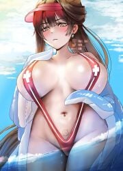 1girl absurdres animal_costume breasts brown_hair commentary goddess_of_victory:_nikke high_ponytail highres huge_breasts long_hair marciana_(marine_study)_(nikke) marciana_(nikke) navel navel_piercing official_alternate_costume penguin_costume penguin_earrings piercing ponytail red_slingshot_swimsuit slingshot_swimsuit solo stomach swimsuit tini underwater very_long_hair visor_cap yellow_eyes