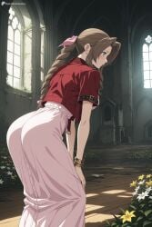 1girl aerith_gainsborough ai_generated ass bent_over blush bow bracelet braid braided_ponytail breasts brown_hair church cropped_jacket digitalwaifugallery dress final_fantasy_vii flower from_behind green_eyes hair_bow hair_ribbon hi_res high_quality high_resolution indoors jacket jewelry leaning_forward long_dress long_hair patreon pink_bow pink_dress red_jacket ribbon seductive sexy short_sleeves sidelocks solo uncensored watermark window wooden_floor