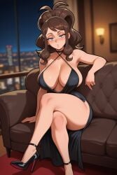 1girls ai_generated big_breasts black_dress blue_eyes blush boobs breasts brown_hair couch dress female female_only heels high_heels hilda_(pokemon) legs legs_crossed long_hair looking_at_viewer nail_polish pink_nails pokemon ponytail seductive_look solo thick_thighs thighs tits waifuinvoker
