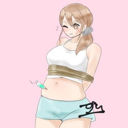 1girls bondage brown_eyes brown_hair clothed clothing female female_only injection navel rope rope_bondage sequence syringe tied_up uncomfortable