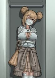arms_tied_behind_back asphyxiation blonde_hair bondage bound_legs in_locker one_eye_closed over_the_nose_gag shokuhou_misaki suffocation tape_bondage tape_gag to_aru_kagaku_no_railgun yellow_eyes