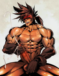 1boy abs bara brown_hair censored chest collarbone completely_nude cum ejaculation erection guilty_gear headgear highres long_hair male_focus male_masturbation male_only masturbation mosaic_censoring muscle muscles muscular muscular_male na_insoo navel nipples nude penis ponytail rennik saliva saliva_trail shiny shiny_skin simple_background sol_badguy solo spiked_hair sweat testicle_grab thick_thighs thighs tongue tongue_out yellow_eyes