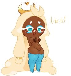 1girls almost_naked artist_request blonde_hair blush breasts cookie_run cookie_run_kingdom dark-skinned_female dialogue female_focus female_only functionally_nude_female hair_ornament hands_behind_back long_hair looking_at_viewer mozzarella_cookie pussy stockings stockings_only talking_to_viewer