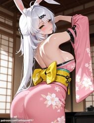 1girl ahoge ai_generated animal_ear_fluff animal_ears arlequin097 arm_up ass back bare_back bare_shoulders blurry blurry_background blush breasts closed_mouth detached_sleeves extra_ears floral_print floral_print_kimono from_behind hair_intakes hair_ornament hoyoverse indoors japanese_clothes kimono large_breasts long_hair long_sleeves looking_at_viewer looking_back mihoyo obi pink_kimono print_kimono rabbit_ears sash sideboob smile solo white_hair wide_sleeves yellow_eyes yixuan_(zenless_zone_zero) zenless_zone_zero