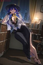 1girl ai_generated bangs black_gloves blue_hair breasts cleavage gloves hat hi_res high_heels high_quality high_resolution indoors kiraamane large_breasts long_hair looking_at_viewer lucilla_(wuthering_waves) mole patreon seductive sexy solo uncensored watermark wuthering_waves