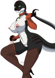 alpha_channel anthro armwear breasts choker clothing dinosaur elbow_gloves fangs female fingerless_gloves genitals gloves handwear hi_res high_heels jewelry legwear necklace nipples non-mammal_breasts pussy reptile scalie smile solo thigh_highs yawg