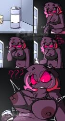 1girls accidental_expansion accidental_growth anthro arachnid arachnid_humanoid big_breasts breast_expansion breast_growth breasts chubby chubby_female comic drink drinking english_text furry heterochromia high_resolution highres huge_breasts luz_(superbharm0ny) nipple_piercing oc original original_character red_eyes ripped_clothes ripped_clothing self_upload spider spider_girl superbharm0ny torn_clothes torn_clothing trans_woman trans_woman_(lore) transfem