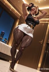 1girl adjusting_hair ai_generated armpits arms_up artist_name bare_shoulders bed belt black_belt black_hair black_shirt blizzard_entertainment blonde_hair bracelet breasts brown_pantyhose cleavage cleavage_cutout clothing_cutout curvy dark-skinned_female dark_skin domina dutch_angle earrings fishnet_pantyhose fishnets full_body futarush gold_earrings high_heels indoors jewelry large_breasts looking_at_viewer mature_female mouth_hold multicolored_hair muscular muscular_female night night_sky overwatch overwatch_2 pantyhose parted_lips patreon patreon_username pencil_skirt shirt skirt sleeveless sleeveless_shirt solo standing streaked_hair sultryspark thick_thighs thighs triangle_earrings two-tone_hair tying_hair white_skirt