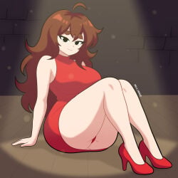 1girl alxart alxdraws big_ass black_eyes brick_wall brown_hair curvy_figure dim_lighting friday_night_funkin girlfriend_(friday_night_funkin) high_heels large_breasts light_particles long_hair looking_at_viewer red_dress red_footwear red_high_heels red_panties seductive_smile sitting sleeveless_dress solo solo_female spotlight spread_legs thick_thighs tight_dress wavy_hair wide_hips wooden_floor