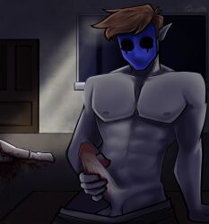 blood_on_hand blood_splatter bloody_penis creepypasta dark_theme eyeless_jack faceless_female faceless_male grey_body grey_skin jacking_off jerkingoff male_focus male_masturbation masked masked_male monster_cock original_art original_artwork