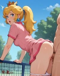 ai_generated blue_sky blush breasts clothed_female_nude_male crown day doggy_style dress earrings jewelry looking_back mario_(series) medium_breasts motion_lines nintendo outdoors panties_down pink_dress ponytail princess_peach pussy pussy_juice sex short_dress sky solo_focus sportswear standing_sex tennis_uniform vaginal vaginal_sex vilerune white_panties