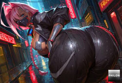 1girls ai_generated ass ass_focus bent_over black_jacket blue_eyes bodysuit braid breasts city cyberpunk cyberpunk:_edgerunners cyberpunk_2077 dark-skinned_female dark_skin from_behind huge_ass jacket large_breasts long_hair looking_at_viewer looking_back mask mouth_mask night outdoors philon pink_hair rain science_fiction solo stable_diffusion talia_yang wet
