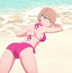 1girls ass ass_focus bare_legs bare_shoulders blushing brown_hair itou_suzuka looking_at_viewer looking_back looking_over_shoulder medium_breasts red_bikini short_hair sideboob smiling string_bikini