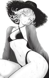 1girls bikini breasts cleavage female female_only flat_chest hat hourglass_figure looking_at_viewer monochrome mostlybluewyatt one-punch_man petite short_hair slim_waist small_breasts solo solo_female sweat sweatdrop sweating sweaty sweaty_body tatsumaki thick thick_thighs thighs