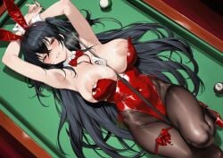 1girls aoi_sakura_(seak5545) armpits azur_lane black-haired_female black_hair blush bowtie bowtie_collar breasts bunny_ears bunnygirl bunnysuit fake_animal_ears female female_only high_heels huge_breasts leotard light-skinned_female light_skin looking_at_viewer lying lying_on_back nipples on_table red_high_heels red_leotard solo taihou_(azur_lane) thighhighs very_long-haired_female very_long_hair wrist_cuffs