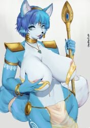 blue_hair blue_skin female female_only fox_girl fur gold_(metal) grabbing_breasts green_eyes krystal krystal_(star_fox) only_female star_fox underbasszero white_skin