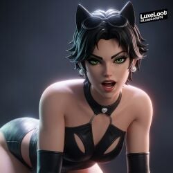 all_fours black_bikini black_heels black_high_heels black_swimsuit cat_ears catwoman catwoman_(fortnite) crawling dc dc_comics doggy_position doggy_style fortnite fortnite:_battle_royale gloves green_eyes heels high_heels long_glove looking_at_viewer selina_kyle short_hair whip