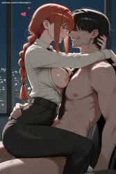1boy 1girl ai_generated bangs black_hair black_neckwear black_pants blush braid braided_ponytail breasts brown_hair chainsaw_man couple formal girl_on_top hetero hi_res high_quality high_resolution large_breasts long_hair looking_at_another makima_(chainsaw_man) necktie nipples office_lady open_clothes open_shirt pants patreon penis seductive sex sexy shirt smile straddling sweat uncensored vaginal watermark