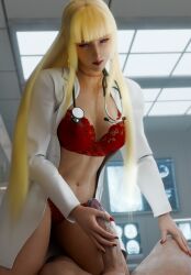 1boy 1girls alternate_version_available athletic_female blonde_hair choker cum emilie_de_rochefort handjob hoop_earrings lingerie lipstick long_hair medium_breasts nail_polish namco nurse pov purple_shinobi sexy tekken tekken_8