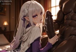 1boy 1girl abs after_fellatio ai_generated blurry blurry_background blush bodysuit braid cape clothed_female_nude_male crown_braid cum cum_in_mouth cum_on_hair cum_on_tongue dark-skinned_male dark_skin dress elf emilia_(re:zero) erection facial flower hair_flower hair_ornament hair_ribbon hetero huge_penis indoors interracial large_penis long_hair long_sleeves looking_at_viewer male_pubic_hair muscular muscular_male nude on_bed open_mouth penis pointy_ears pubic_hair purple_bodysuit purple_eyes purple_ribbon re:zero re:zero_kara_hajimeru_isekai_seikatsu ribbon rose solo_focus testicles tongue tongue_out uncensored vantawaifu veins veiny_penis white_flower white_hair white_rose window x_hair_ornament
