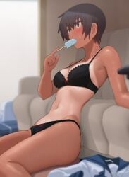 1girls 2026 2d black_eyes black_hair blush blush_lines blushing bra female female_only hair hi_res highres human ice_cream kuronami_(lvi) lvi oc original original_character panties short_hair solo solo_female sweat sweating sweaty_body tan tan-skinned_female tan_body tan_skin tanline tanned tanned_skin tomboy