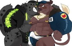 abs anthro blush bovid bovine cattle clothing duo erection felid genitals hat headgear headwear hyaku_(artist) jacket male male/male mammal monster_energy muscular muscular_male nipple_piercing nipple_ring nipples pantherine pecs penis piercing pubes red_bull speedo swimwear tenting topwear