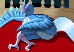 articuno ass avian beak bird blue_body blue_feathers claws collar crystal detailed_background feathered_wings feathers female feral genitals half-closed_eyes hi_res justwhite legendary_pokemon long_tail looking_at_viewer lying lying_on_ground narrowed_eyes night nintendo nude on_front paws pokémon_(species) pokemon pokemon_(species) pose pussy red_eyes serious solo thick_thighs video_games wings