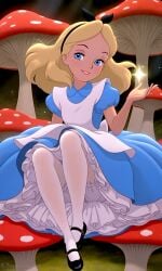 1girl ai_generated alice_in_wonderland alice_liddell apron blonde_hair bloomers blue_dress blue_eyes dress looking_at_viewer mary_janes mushroom pinafore_dress puffy_short_sleeves puffy_sleeves smile tights upskirt white_tights