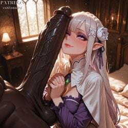 1boy 1girl ai_generated artist_name bangs bed bedroom blush bodysuit braid breasts cape cleavage cleavage_cutout closed_mouth clothing clothing_cutout crown_braid dark-skinned_male dark_skin desk_lamp dress elf emilia_(re:zero) erection female flower grey_hair hair_flower hair_ornament hair_ribbon hetero horse_penis huge_penis huge_testicles indoors interlocked_fingers interracial interspecies lamp large_breasts large_penis large_testicles lips long_hair long_sleeves looking_at_penis looking_up makeup male medium_breasts nude on_bed own_hands_clasped own_hands_together penis penis_awe penis_on_face pillow pointy_ears purple_bodysuit purple_eyes purple_ribbon re:zero_kara_hajimeru_isekai_seikatsu ribbon rose sitting smile solo_focus testicles vantawaifu veins veiny_penis white_flower white_hair white_rose window x_hair_ornament