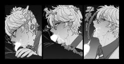 2boys blowjob blush censored class_3-z fellatio gay gintama gintoki_sakata glasses head_grab male male_only monochrome motion_lines multiple_images official_alternate_costume oral profile rolling_eyes side_view solo_focus sweat takasugi_shinsuke teacher teacher_and_student wide_eyed yaoi