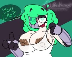 1girl 1girls areola areola_slip areolae areolae_slip big_breasts clothed clothing cyborg cyborg_girl female green_eyes green_hair huge_areola huge_areolae huge_breasts human massive_breasts nipples nipples_visible_through_clothing oc original original_character self_upload superbharm0ny tank_top topwear