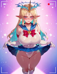 1girl 1girls ai_generated balecxi bare_shoulders blonde_hair blue_eyes blue_hair blue_sailor_collar blue_skirt blush boots bow breasts choker circlet clothes_lift clothing colored_inner_hair cosplay crescent_earrings curvaceous curvaceous_female curvaceous_figure curvy curvy_figure earrings elbow_gloves elf female female_focus fleurdelys_(wuthering_waves) forehead_jewel gloves halo heart_choker highleg highleg_leotard horns huge_breasts inviting inviting_to_sex jewelry knee_boots kneehighs large_breasts leotard leotard_peek lifted_by_self long_hair looking_at_viewer magical_girl miniskirt multicolored_hair parted_bangs parted_lips pleated_skirt pointy_ears presenting presenting_ass presenting_breasts presenting_hindquarters presenting_pussy presenting_self recording red_bow red_bowtie red_choker sailor_collar sailor_moon_(series) sailor_senshi_uniform seductive seductive_look seductive_smile single_horn skirt skirt_lift socks solo standing star_(symbol) star_earrings thick_thighs thighs very_long_hair voluptuous voluptuous_female white_footwear white_gloves white_leotard white_socks wuthering_waves