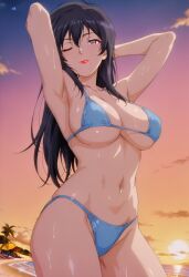 1girls ai_generated armpits bikini cowboy_shot faurink_maya female female_only fia_arcana hair_ornament hands_behind_head large_breasts long_hair mole mole_under_mouth pink_lips posing purple_eyes seductive seductive_look seductive_smile sunrise thighs wink winking_at_viewer