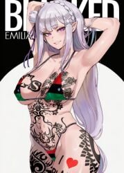 1girl ai_generated anime artist:basicallynomore blacked emilia_(re:zero) female looking_at_viewer pan-african_flag_bikini pan_african_colors pubic_tattoo qos qos_tattoo queen_of_spades queen_of_spades_symbol queen_of_spades_tattoo re:zero_kara_hajimeru_isekai_seikatsu tattoo tattoos white_skin