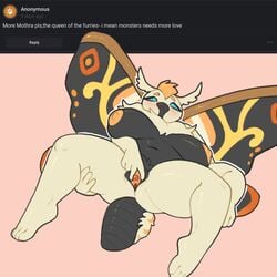 1:1 4_arms anthro arthropod chubby_female english_text female genitals godzilla_(series) hi_res insects lepidopteran moth mothra mothra_(series) multi_arm multi_limb presenting presenting_pussy pussy slightly_chubby softsorbet solo text thick_thighs toho wings