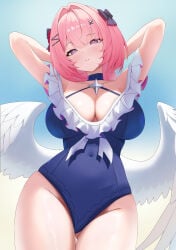 1girl absurdres black_bow blue_one-piece_swimsuit blue_sky bow breasts cleavage commentary_request hair_bow highres large_breasts looking_at_viewer medium_hair multiple_hair_bows official_alternate_costume one-piece_swimsuit parted_lips pink_hair purple_eyes remielle_dan remielle_dan_(dreamland_fest) sky solo swimsuit thighs white_wings wings zenless_zone_zero
