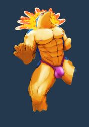 abs absurd_res anthro big_bulge blue_body blue_fur bulge clothing fire fur hi_res katazai male male_only mammal muscular muscular_anthro muscular_male nintendo nipples pokemon pokemon_(species) red_eyes simple_background solo solo_male speedo swimwear typhlosion underwear video_games yellow_body yellow_fur