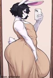 ai_generated balls big_balls big_breasts big_bulge big_penis blush bulge bunny_ears color dress futa_only futanari hi_res huge_cock large_breasts light_skin looking_at_viewer massive_penis selfie solo solo_futa standing thighs trend