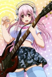 10s 1girls absurd_res blush breasts crop_top electric_guitar female_focus guitar headphones highres instrument large_breasts long_hair midriff nail_polish navel nitroplus nyantype official_art open_mouth pink_eyes pink_hair playing_instrument plectrum red_eyes scan shiny_skin skindentation skirt solo super_sonico tamura_masafumi thighhighs wide_hips zettai_ryouiki