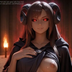 1girl ai_generated artist:blackjack&hookups bangs black_nails black_sclera breasts char:kshylla_(blackjack&hookups) collarbone colored_sclera demon fingernails horns indoors long_hair looking_at_viewer medium_breasts nipples one_breast_out parted_lips presenting presenting_breasts red_eyes smile solo teasing