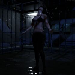 1girl 3d artist:stumpie atmospheric bra brown_hair brown_hair_female character:quiet_(metal_gear) character:stefanie_joosten copyright:metal_gear_solid cosy cozy late_night medium_ass night nighttime nude nude_female panties ponytail ponytail_female rain raining relaxed relaxing romantic romantic_ambiance romantic_night slice_of_life stockings wholesome wholesome_nudity