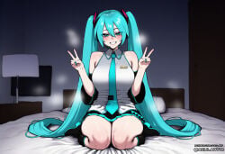 ai_assisted ai_generated azulart01 bedroom blue_hair dark_room double_v hatsune_miku large_breasts vocaloid