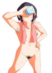 areolae armpit_hair armpit_stubble armpits athletic athletic_female bad_censor black_hair breasts censored covered_nipples covering drinking female female_focus hairy hairy_pussy hourglass_figure kyoka_jiro milk milk_carton my_hero_academia nipples pose posing pubic_hair pussy short_hair small_breasts sweat towel_around_neck vagina wakimiunten wide_hips