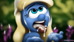 16:9 blonde_hair blue_body blue_eyes blue_skin bodily_fluids clothing cum cum_in_mouth cum_inside cum_on_face female genital_fluids hair hat headgear headwear hi_res humanoid open_mouth simple_background smurf smurfette solo the_smurfs tongue tongue_out twilightchroma widescreen