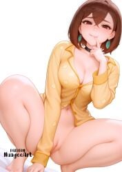 1girl ai_generated artist_name ayase_momo bangs barefoot black_choker blush bottomless breasts brown_hair choker cleavage cleft_of_venus dandadan earrings explicit finger_to_mouth hair_between_eyes jewelry large_breasts long_sleeves looking_at_viewer momo_ayase navel nuageeart pajamas pussy red_eyes shirt short_hair simple_background smile solo spread_legs squatting thighs toes uncensored white_background yellow_shirt