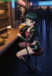 ai ai-created ai_art ai_generated alcohol anime anime_character anime_girl anime_style bar_stool beer beer_mug black_footwear black_jacket blue_eyes blunt_bangs cleavage crowd earrings female fishnet_thighhighs fishnets food green_hair hentai high_heel_boots high_heels highleg knee_boots kusuriya_no_hitorigoto leather leather_clothing leather_jacket lipstick long_hair long_sleeves looking_at_viewer makeup maomao_(kusuriya_no_hitorigoto) midriff miniskirt neon_lights night panties red shiny_clothes shirt shorts sitting skirt smile solo_focus thighhighs thong